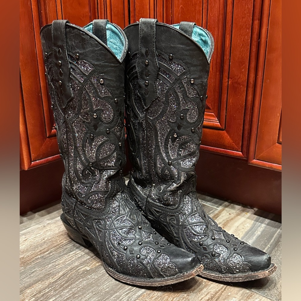 Corral Oryx Black Glitter Studded Cowboy Boots C3423 Size 7.5 Cowgirl Rodeo - Picture 6 of 14